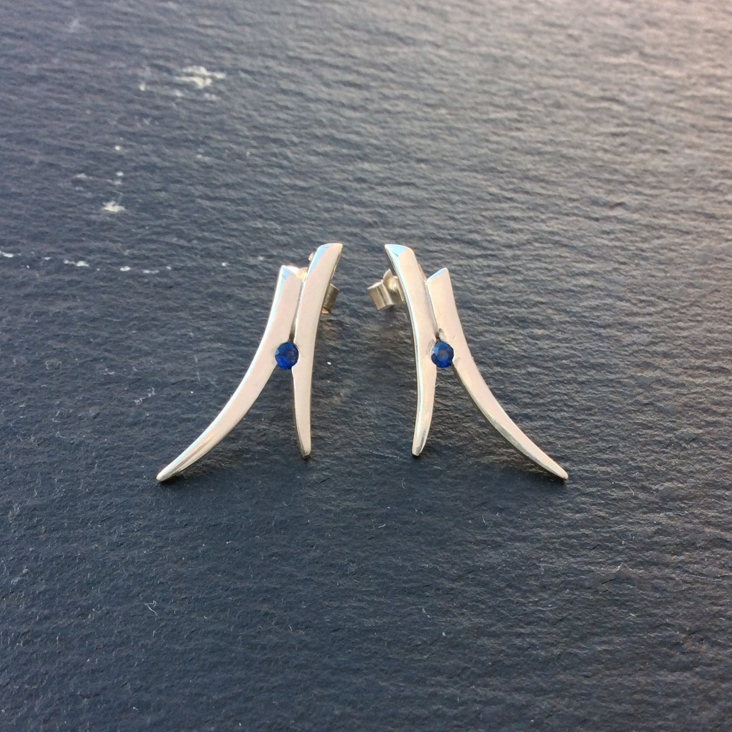 Polished Silver Stiletto Studs with Sapphire Gemstones