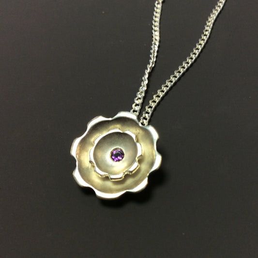 Silver Double Flower Fiore Pendant with Amethyst Gemstone