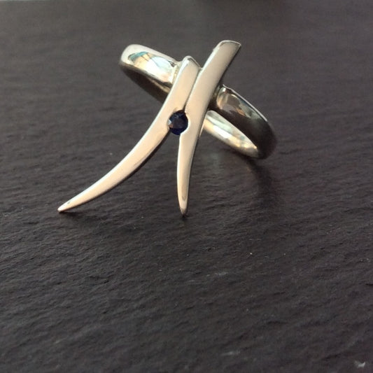 Stiletto Silver Ring High Polished with a Sapphire Gemstone
