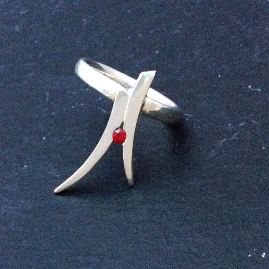 Stiletto High Polish Silver Ring with a Ruby Gemstone
